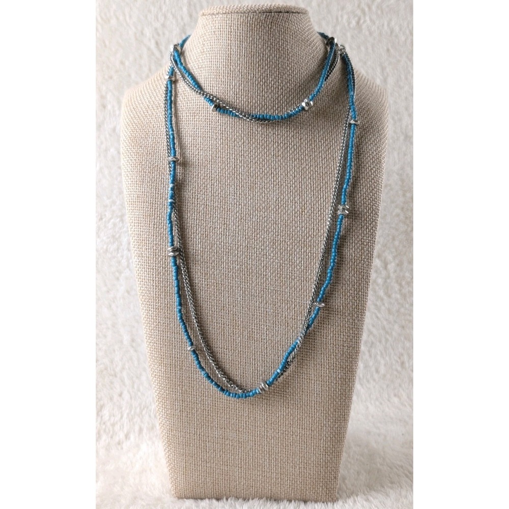 Lia Sophia Layered Necklace Silver Tone Turquoise Blue Beads Long Double Strand